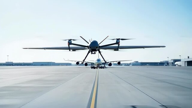 drone aircraft taxiing on airport runway calm blue morning - unmanned electric VTOL undergoing taxi test - propellers spinning - ground crew and engineer monitoring from distance near hangar -