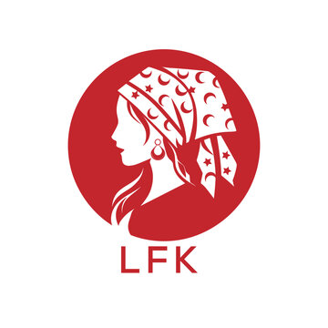 LFK Red Hijab Woman. LFK Logo with Traditional Pattern  Elegant Muslim Female Silhouette. LFK Islamic Fashion and Cultural Branding.

