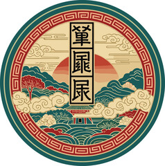 Traditional Chinese landscape with pagoda and calligraphy