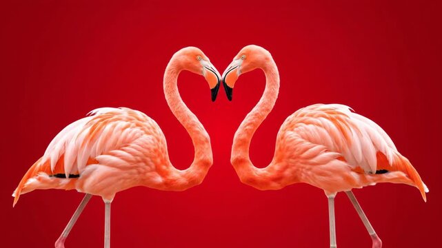Symmetrical Flamingo Pair on Red Background - Two flamingos face each other against a vibrant red backdrop, their bodies forming a heart shape.