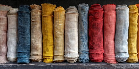 Assorted Colorful Textile Rolls Displayed in a Row