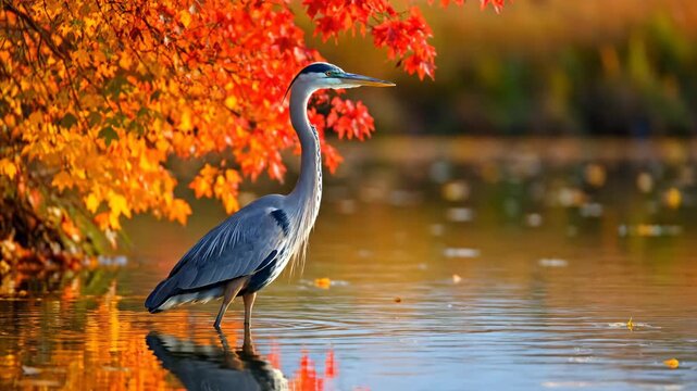 Heron in Autumn Pond - A Great Blue Heron stands in calm water, its reflection visible. Vibrant autumn foliage frames the bird and reflects in the pond, creating a colorful and serene scene.