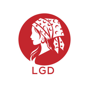 LGD Red Hijab Woman. LGD Logo with Traditional Pattern  Elegant Muslim Female Silhouette. LGD Islamic Fashion and Cultural Branding.
