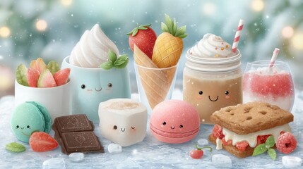 Kawaii Cute Desserts with Smiling Faces on Ice Cubes Illustration