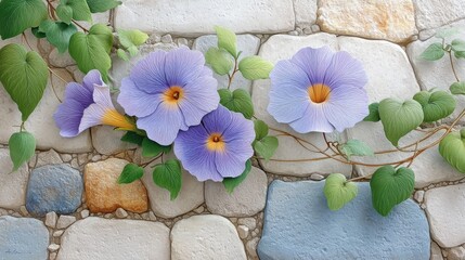 Artistic Arrangement of Purple Morning Glories on Stone Wall