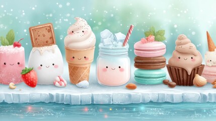 Kawaii Dessert Party: Cute Cartoon Sweets on Snowy Background