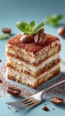 Elegant Tiramisu Slice with Coffee Beans on Light Blue
