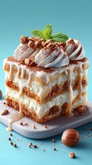 Artisanal Tiramisu Slice with Hazelnut Drizzle, Vertical