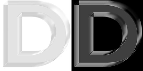 Bold 3D metallic glass letter D with reflective chrome finish for premium business branding and...