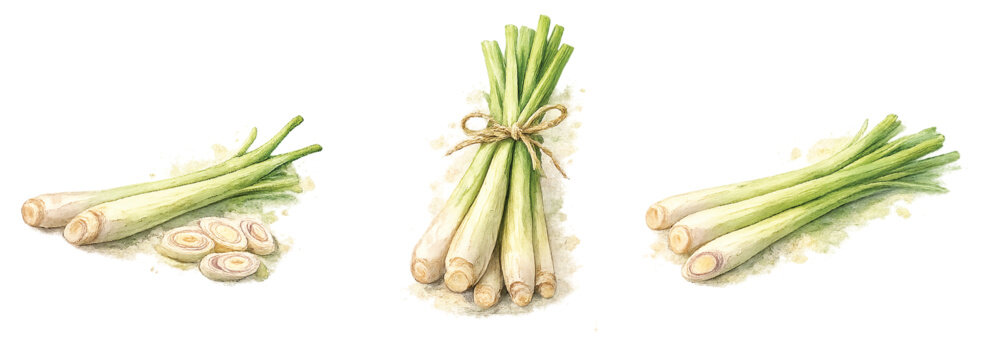 Thai Lemongrass Stalks Watercolor Illustration Isolated on Transparent Background