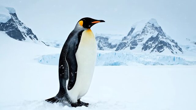 Emperor Penguin in Antarctic Landscape - A majestic emperor penguin stands on a snowy landscape, with icy mountains in the background.