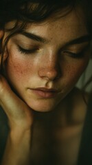 Fototapeta premium woman expressing emotional density through stillness, realistic skin texture, muted tones, intimate portrait