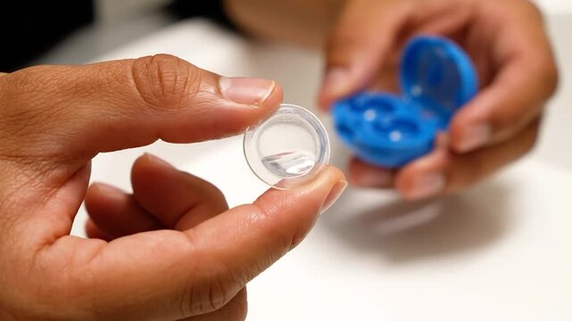 Hands holding clear dental retainer and blue case on white surface