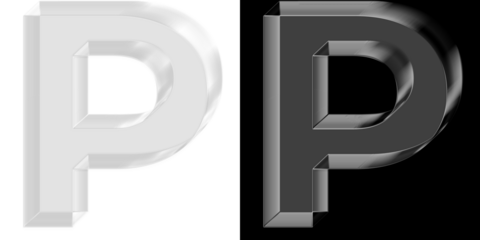 Creative 3D reflective glass letter P with chrome texture for modern branding and logo templates