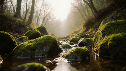 Scenic Mossy Creek Sun Rays Nature Landscape