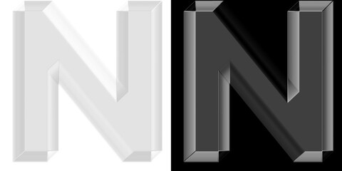 Modern 3D reflective glass letter N with chrome texture for tech branding and corporate identity...