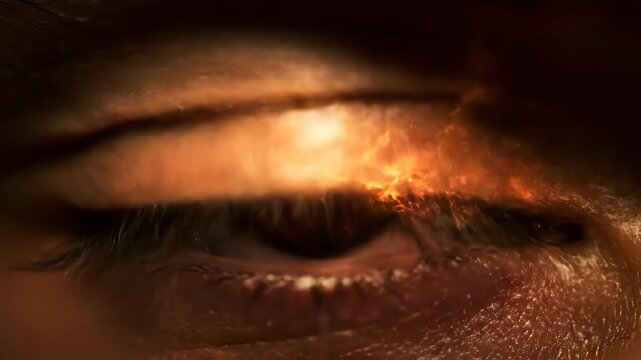 Fiery Eye Close-up - A close-up shot of an eye with a fiery, ember-like design in the iris and pupil. The video captures the details of the eye's structure and the fiery effect, which resembles