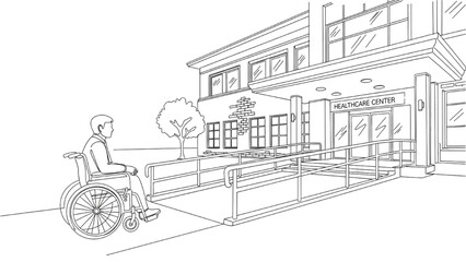 Fototapeta premium High-Quality Continuous Line Art of Person Using Accessibility Ramp to Enter Healthcare Building