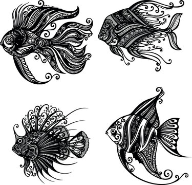 Decorative Mandala Fish Illustrations for Coloring and Aquatic Design