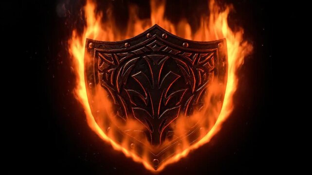 Burning Shield on Black Background - A medieval shield engulfed in flames against a black background. The shield is detailed with intricate patterns and textures, giving a sense of ancient