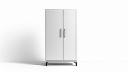 White two-door cabinet with black legs and vertical handles, minimalist design on white background.