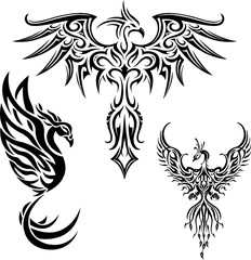 Fototapeta premium Mythical Phoenix Firebird Rising Tattoo Designs and Winged Symbols