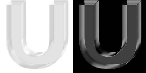 Modern 3D reflective glass letter U with chrome finish for tech startup branding and logo templates