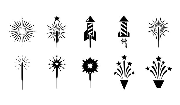 Black firework and sparkler vector icon set for celebratory design