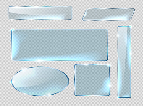 Glass plates set on transparent background. Acrylic and glass texture with glares and light. Realistic transparent glass window in rectangle frame.