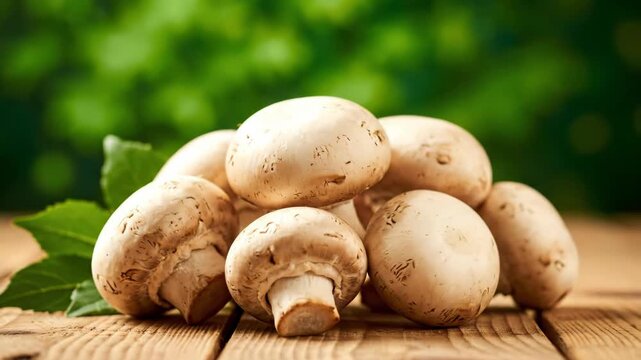 Fresh Mushrooms on Wooden Table - A close-up shot showcasing a pile of fresh, white button mushrooms. They are arranged on a rustic wooden table, with a blurred green background that adds depth.