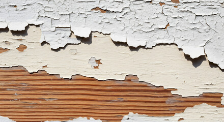 Obraz premium Close-up of Peeling White Paint on Weathered Wood Surface.