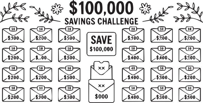 Conjunto de &iacute;conos de ahorro en estilo gr&aacute;fico. reto, sobres, dinero, meta, cantidad, planificaci&oacute;n, trazo editable