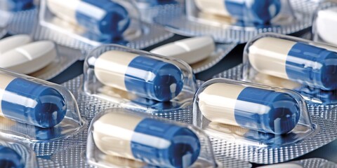 Close-Up of Blue and White Capsules in Blister Pack
