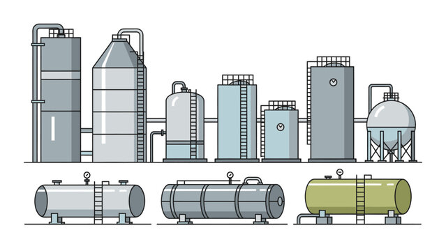 Vector illustration set of industrial storage tanks, silos and pressure vessels for oil refineries or chemical plants.