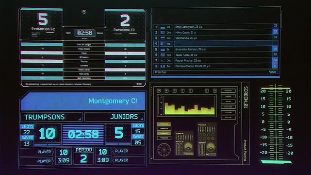 Close-up of an electronic audio control panel on a digital circuit board with buttons and a glowing display