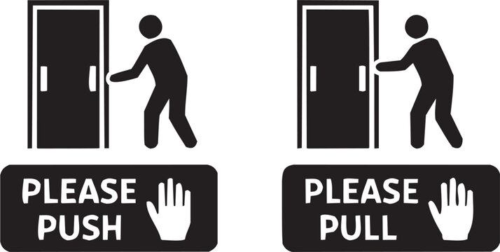 Conjunto de &iacute;conos de se&ntilde;alizaci&oacute;n en estilo gr&aacute;fico. Incluye empujar, jalar, puerta, instrucciones, accesibilidad y m&aacute;s. Trazo editable