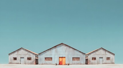 Cinematic shot of weathered industrial warehouse with corrugated metal siding, rusty textures, geometric rooflines against a pale blue sky.