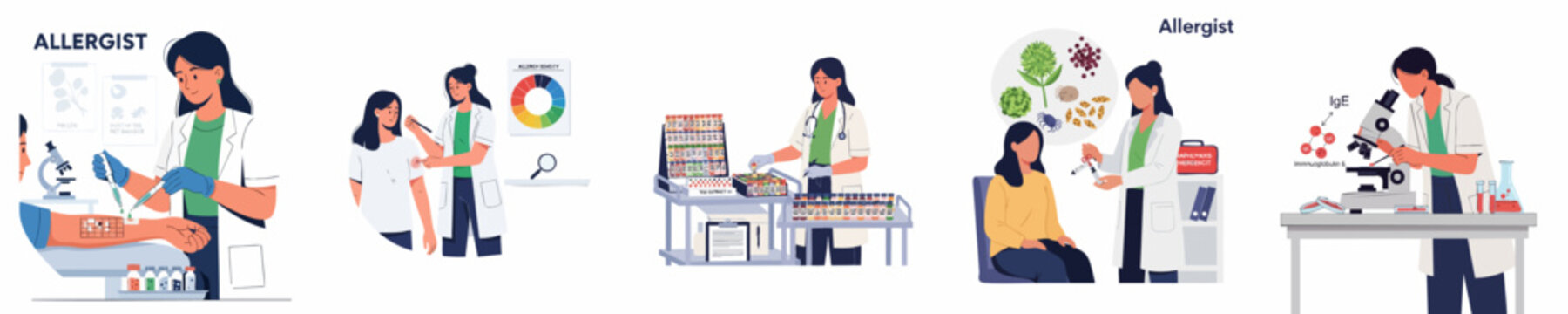 Allergist doctor performing medical tests, diagnosis, and treatment for patients suffering from allergies, including skin prick tests, consultation, and lab analysis.