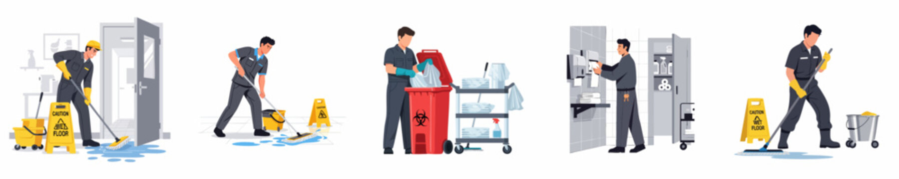 Professional Janitorial Services Vector Set: Depicting cleaning staff mopping floors, managing wet floor hazards, restocking supplies, and handling biohazard waste in facility maintenance operations.