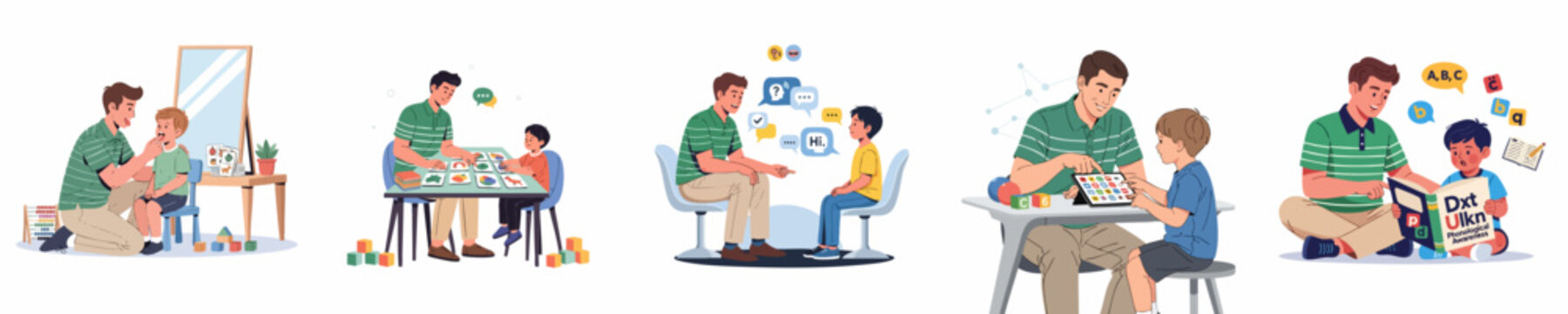 Speech therapy and educational support for children collection, featuring articulation practice, language activities, digital learning, and phonological awareness exercises.