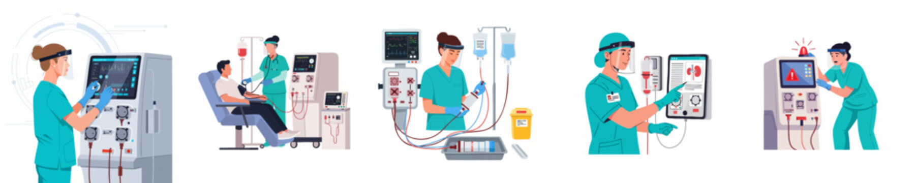 Hemodialysis Treatment Procedures: Medical Staff Operating Dialysis Machines, Monitoring Patients, Setting Up Equipment, and Responding to Clinical Alerts.