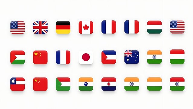 A curated selection of national flags from prominent global countries are displayed as small, stylish, rounded square icons on a crisp white background.