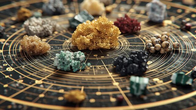 Rare earth materials shaping global trade and political balance concept, refined mineral crystals integrated into abstract trade structures and power symbols, muted authoritative color palette