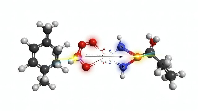 Chemical reaction between a phenyl ring and a complex molecule with animated bond formation depicted