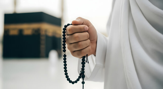 Muslim man holding prayer beads in front of kaaba mecca