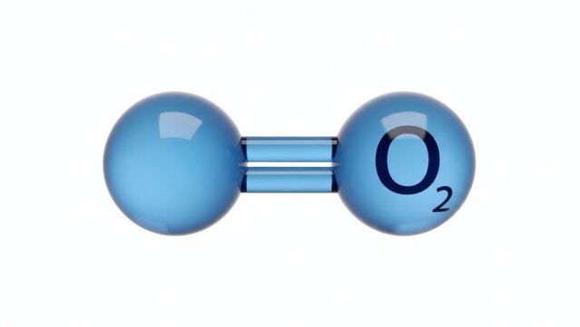 Molecular structure of oxygen (O2) molecule, a diatomic gas essential for life, represented as two bonded spheres on a white background