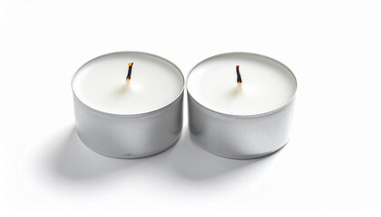 Two white candles in metal holders with wicks isolated on white background in a serene setting