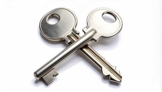 Two silver keys crossed over each other on a white background