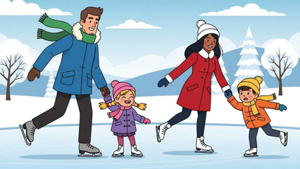 Happy family ice skating together on a frozen pond winter outdoor activity for recreation and fun illustration style