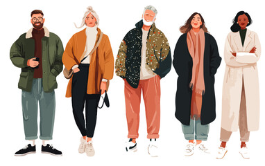 Fototapeta premium Grupo diverso de pessoas vestindo roupas de inverno estilosas, apresentando moda e individualidade em um fundo transparente.